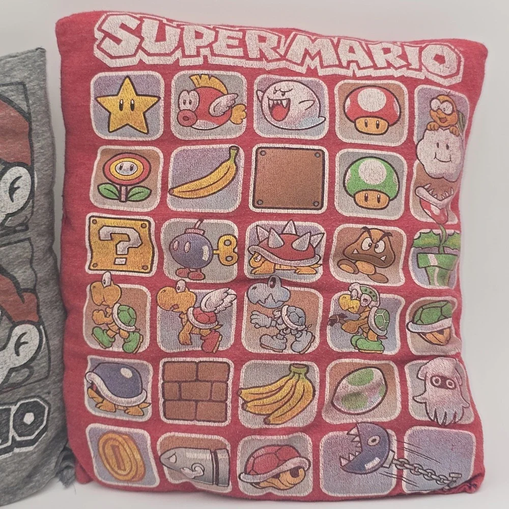 Lot of 2 Handmade Super Mario Throw Pillows – Upcycled Vintage Nintendo T-Shirts